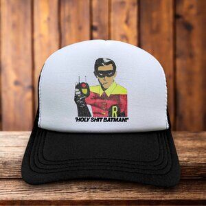 Holy Sh*t Batman! Mens Trucker Hat Black Adam West Burt Ward Robin Batmobile Cap